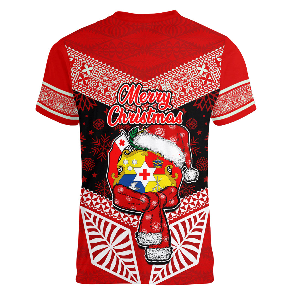 Tonga Christmas Women V Neck T Shirt Tongan Coat of Arms Santa With Ngatu Pattern Christmas Red Style LT03 - Polynesian Pride