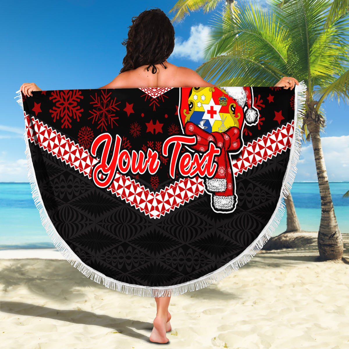 Personalised Tonga Christmas Beach Blanket Tongan Coat of Arms Santa With Ngatu Pattern Christmas Red Style LT03 - Wonder Print Shop