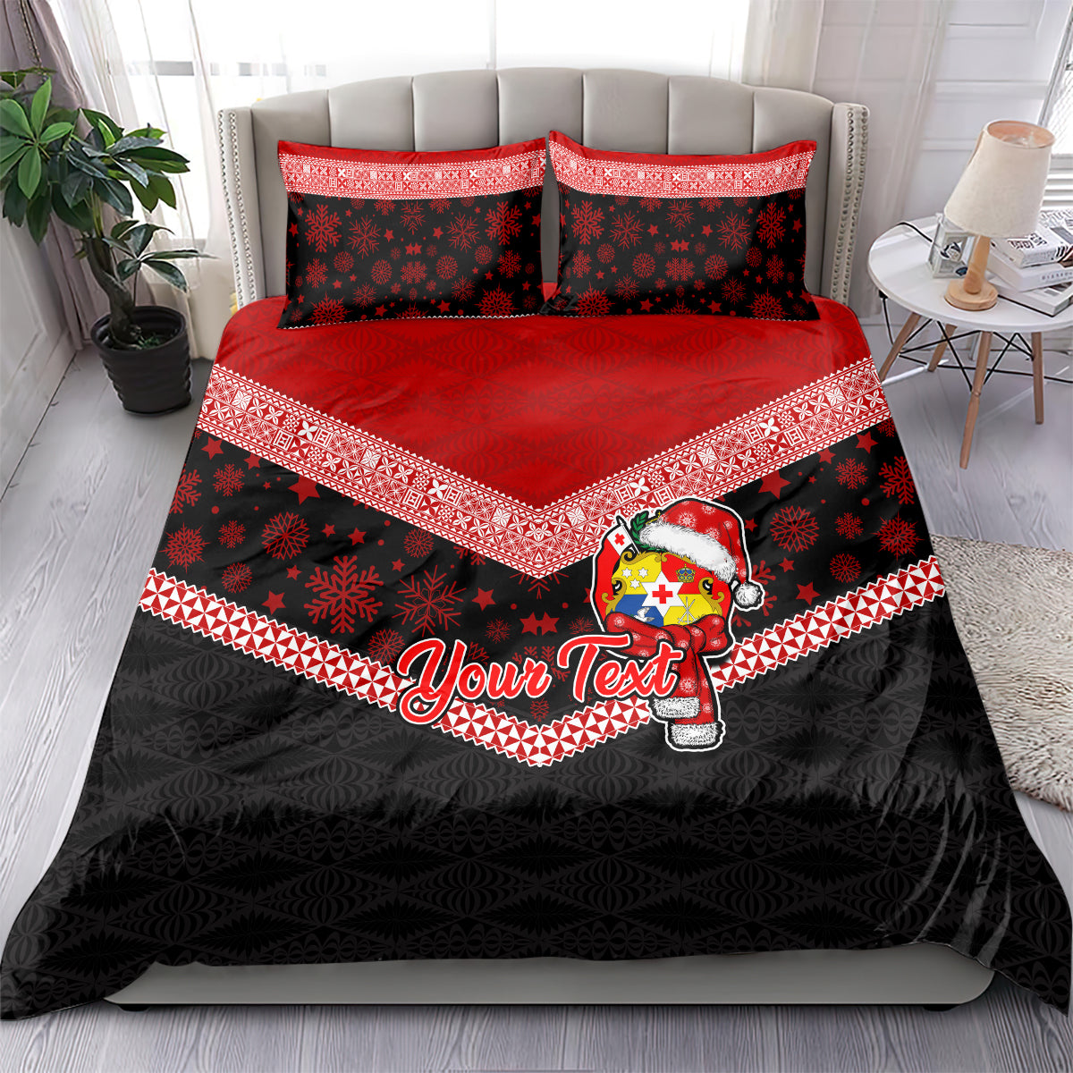 Personalised Tonga Christmas Bedding Set Tongan Coat of Arms Santa With Ngatu Pattern Christmas Red Style LT03 - Polynesian Pride