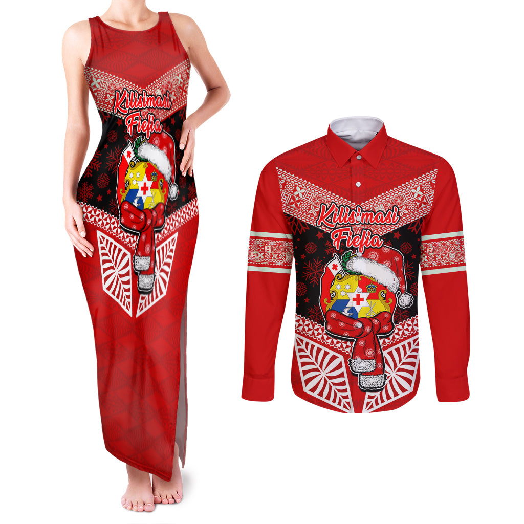 Personalised Tonga Christmas Couples Matching Tank Maxi Dress and Long Sleeve Button Shirts Tongan Coat of Arms Santa With Ngatu Pattern Christmas Red Style LT03 Red - Polynesian Pride