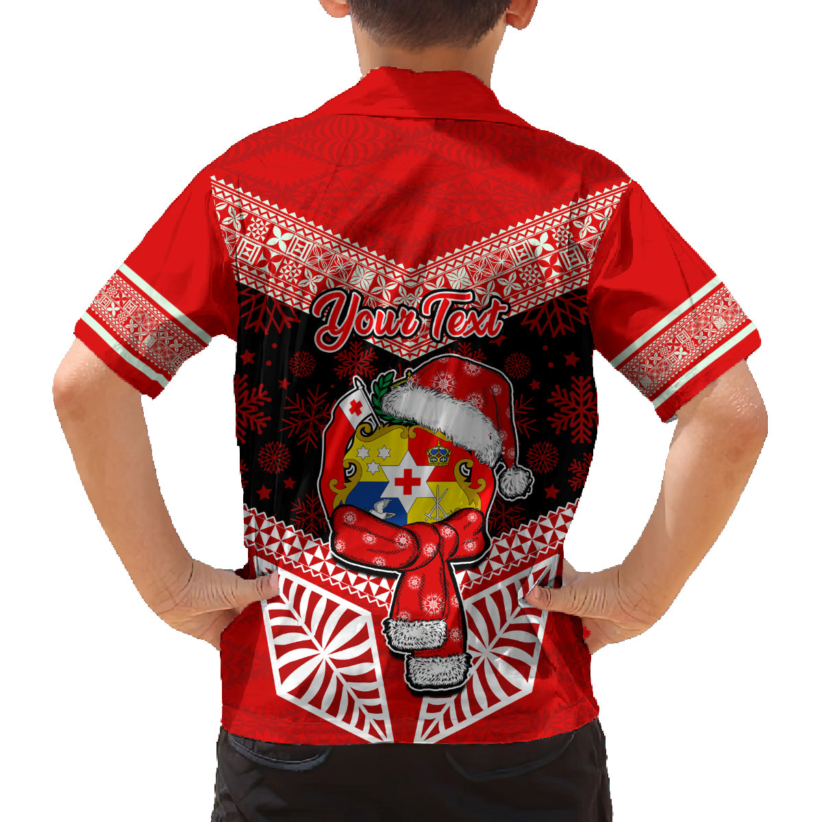 Personalised Tonga Christmas Family Matching Long Sleeve Bodycon Dress and Hawaiian Shirt Tongan Coat of Arms Santa With Ngatu Pattern Christmas Red Style LT03 - Polynesian Pride