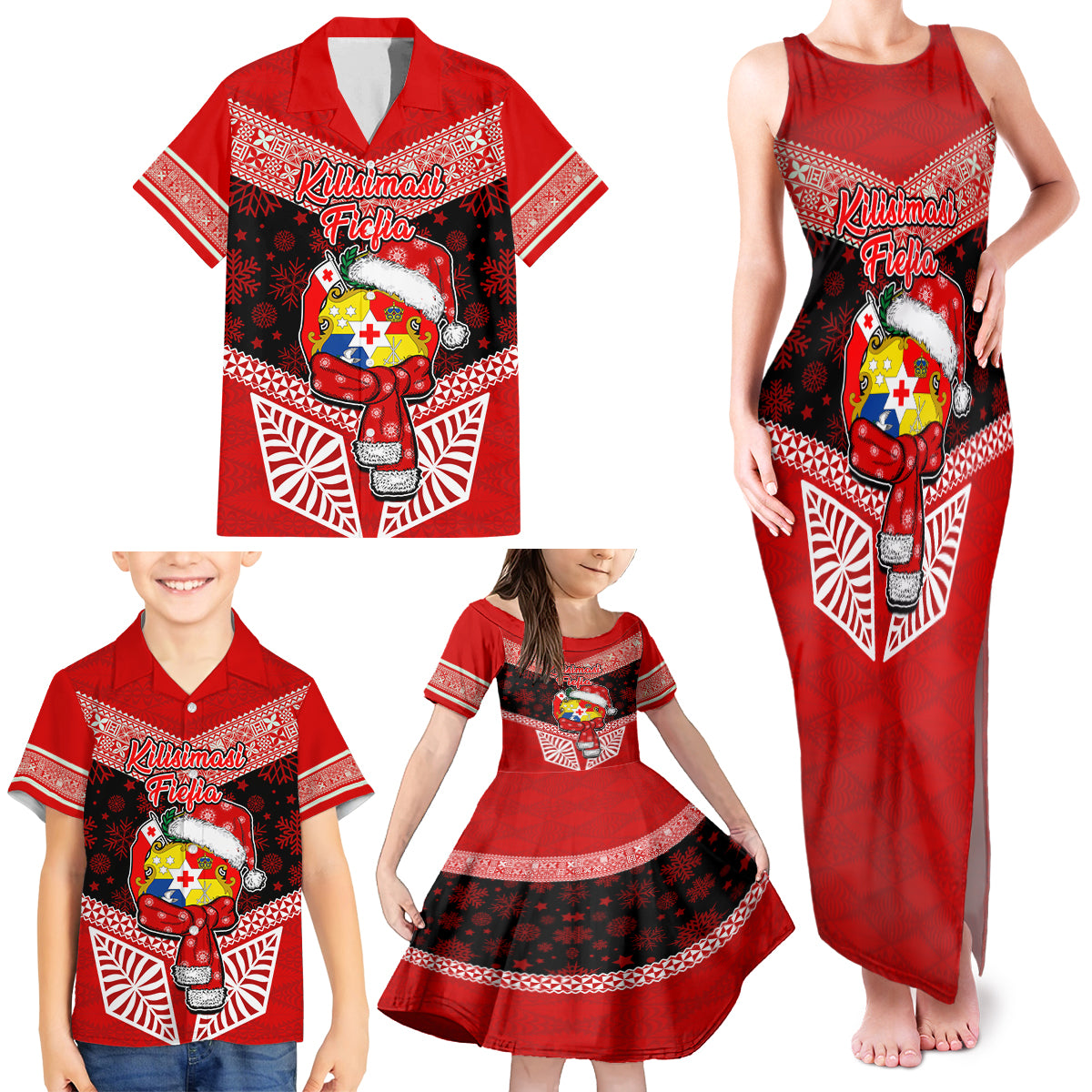Personalised Tonga Christmas Family Matching Tank Maxi Dress and Hawaiian Shirt Tongan Coat of Arms Santa With Ngatu Pattern Christmas Red Style LT03 - Polynesian Pride
