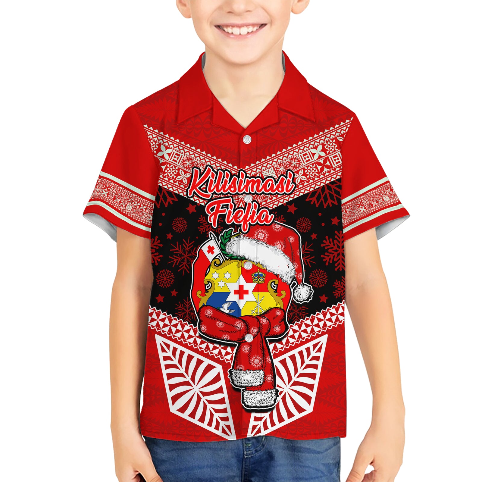Personalised Tonga Christmas Kid Hawaiian Shirt Tongan Coat of Arms Santa With Ngatu Pattern Christmas Red Style LT03 Kid Red - Polynesian Pride