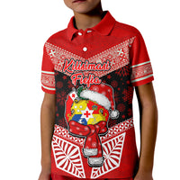 Personalised Tonga Christmas Kid Polo Shirt Tongan Coat of Arms Santa With Ngatu Pattern Christmas Red Style LT03 Kid Red - Polynesian Pride
