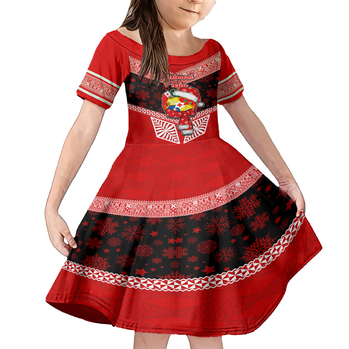 Personalised Tonga Christmas Kid Short Sleeve Dress Tongan Coat of Arms Santa With Ngatu Pattern Christmas Red Style LT03 KID Red - Polynesian Pride