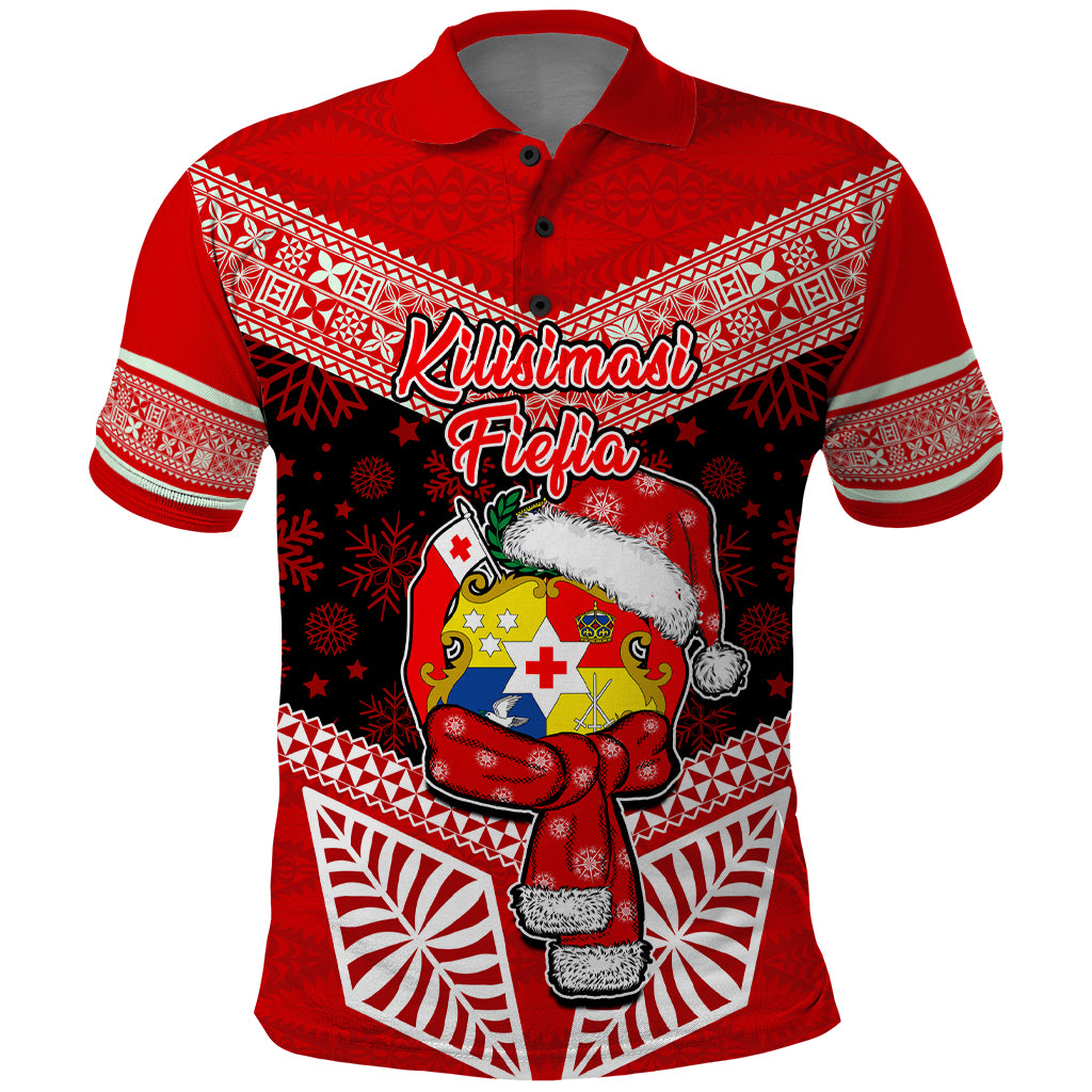 Personalised Tonga Christmas Polo Shirt Tongan Coat of Arms Santa With Ngatu Pattern Christmas Red Style LT03 Red - Polynesian Pride