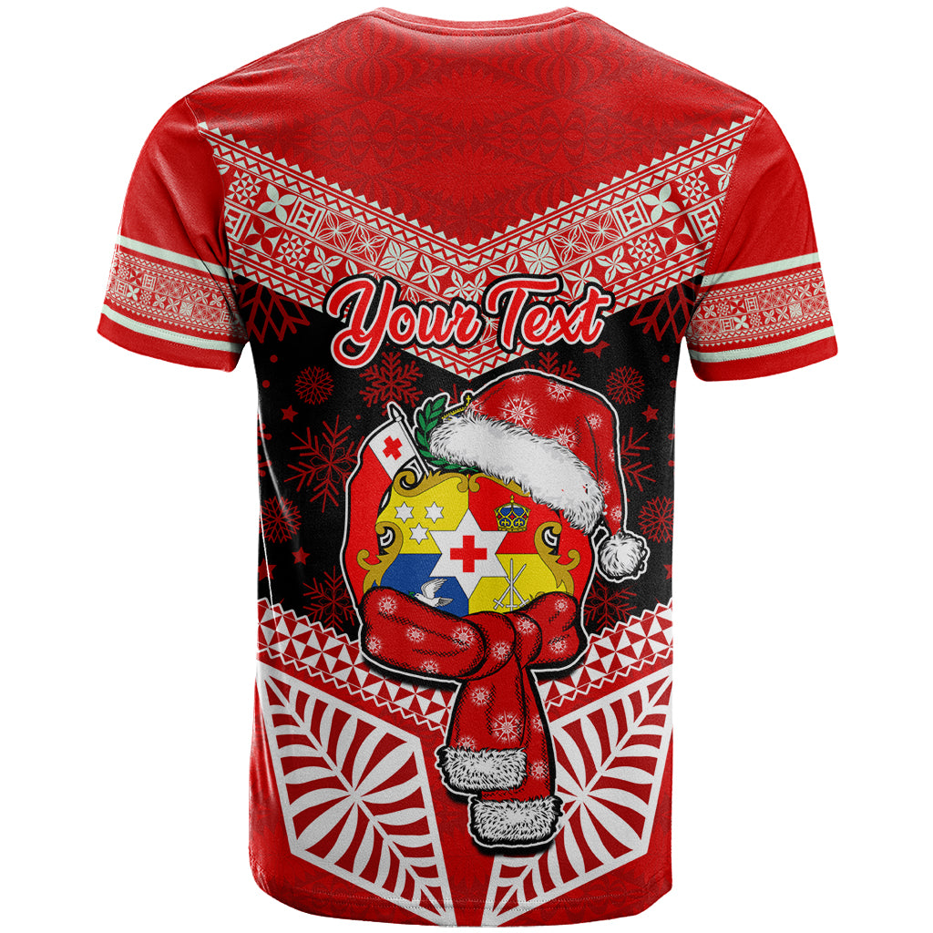 Personalised Tonga Christmas T Shirt Tongan Coat of Arms Santa With Ngatu Pattern Christmas Red Style LT03 - Polynesian Pride