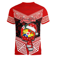Personalised Tonga Christmas Women V Neck T Shirt Tongan Coat of Arms Santa With Ngatu Pattern Christmas Red Style LT03 - Polynesian Pride