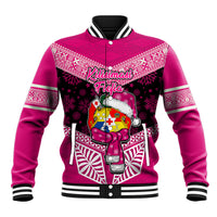 Tonga Christmas Baseball Jacket Tongan Coat of Arms Santa With Ngatu Pattern Christmas Pink Style LT03 Unisex Pink - Polynesian Pride
