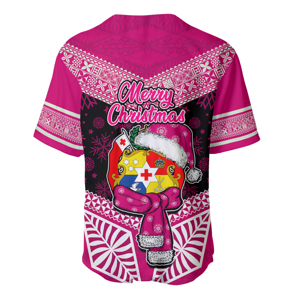 Tonga Christmas Baseball Jersey Tongan Coat of Arms Santa With Ngatu Pattern Christmas Pink Style LT03 - Polynesian Pride