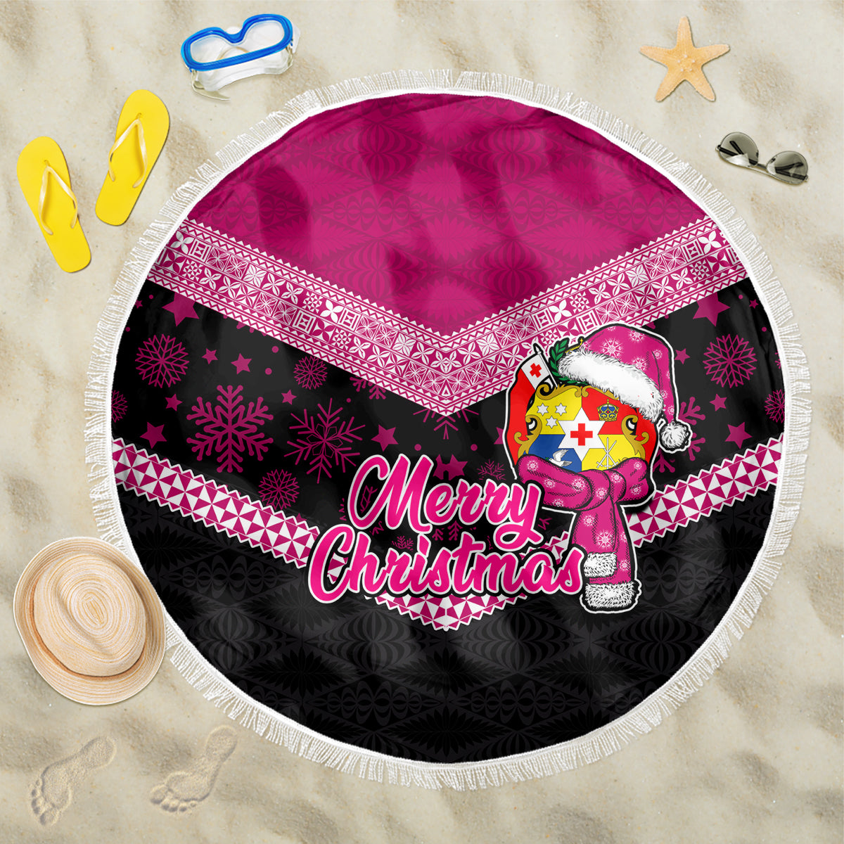Tonga Christmas Beach Blanket Tongan Coat of Arms Santa With Ngatu Pattern Christmas Pink Style LT03 One Size 150cm Pink - Wonder Print Shop
