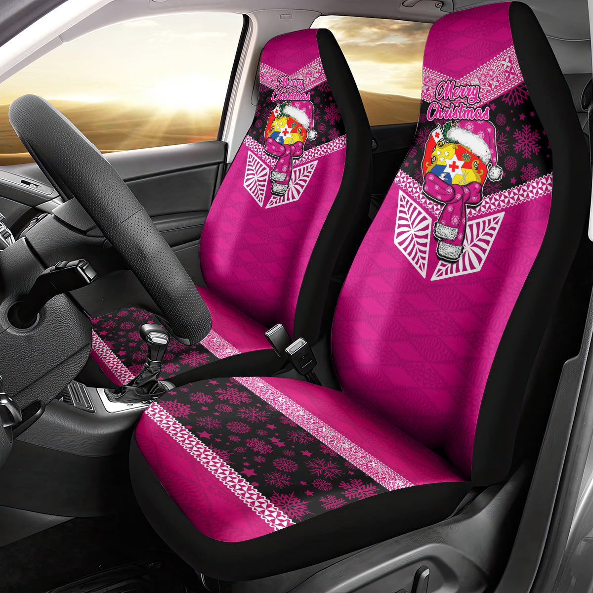 Tonga Christmas Car Seat Cover Tongan Coat of Arms Santa With Ngatu Pattern Christmas Pink Style LT03 - Polynesian Pride