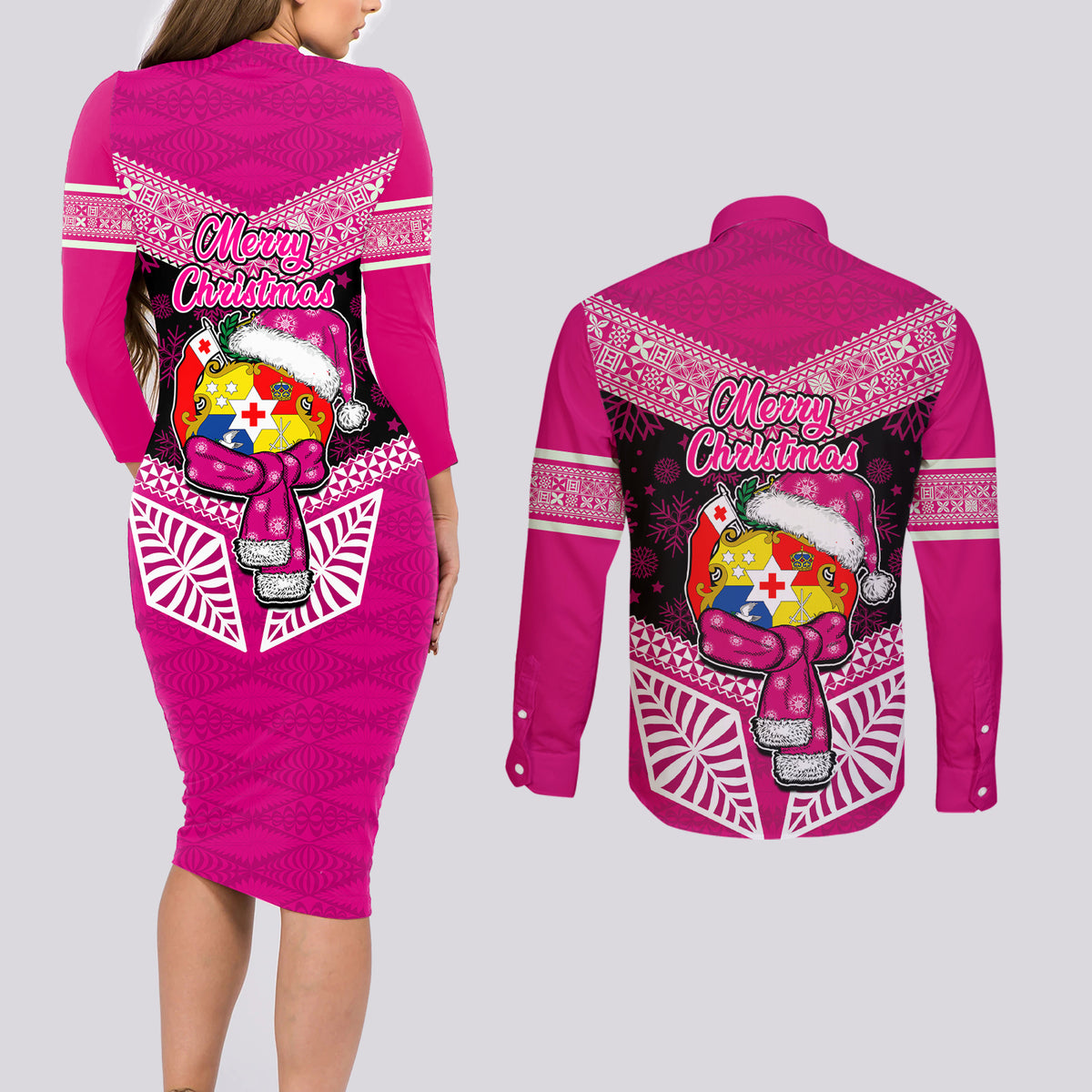 Tonga Christmas Couples Matching Long Sleeve Bodycon Dress and Long Sleeve Button Shirts Tongan Coat of Arms Santa With Ngatu Pattern Christmas Pink Style LT03 - Polynesian Pride