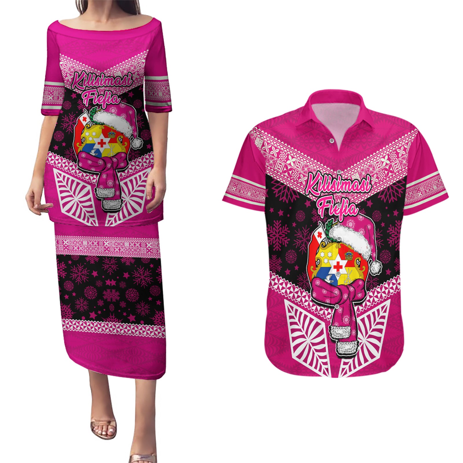 Tonga Christmas Couples Matching Puletasi Dress and Hawaiian Shirt Tongan Coat of Arms Santa With Ngatu Pattern Christmas Pink Style LT03 Pink - Polynesian Pride