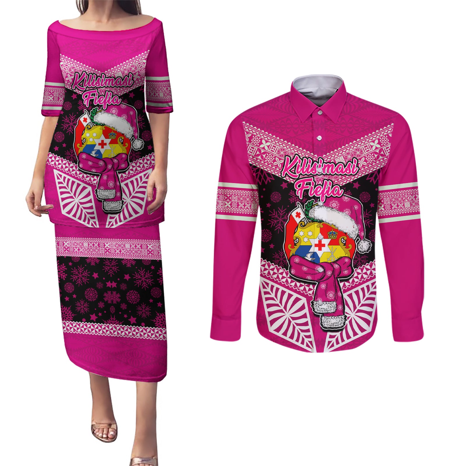 Tonga Christmas Couples Matching Puletasi Dress and Long Sleeve Button Shirts Tongan Coat of Arms Santa With Ngatu Pattern Christmas Pink Style LT03 Pink - Polynesian Pride