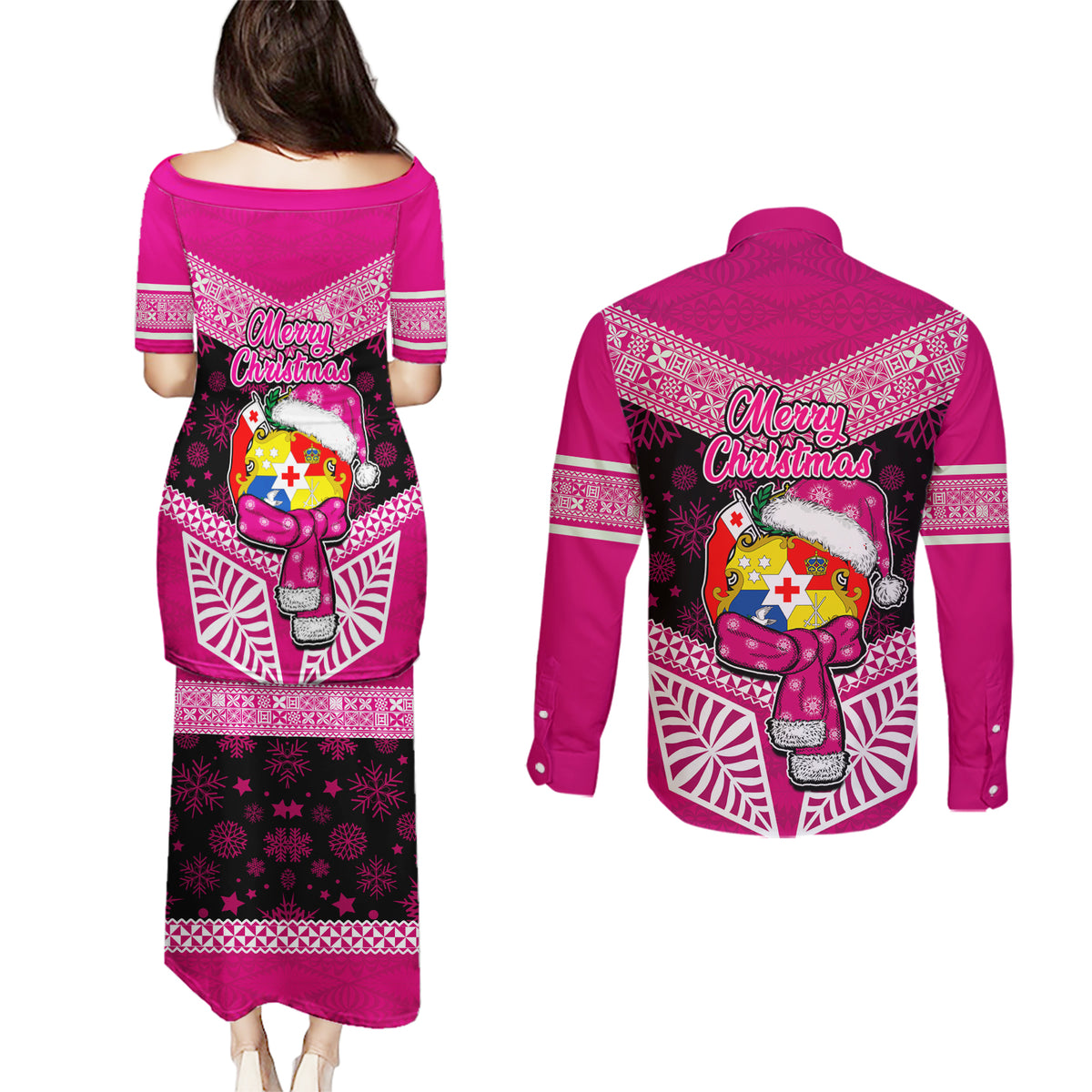 Tonga Christmas Couples Matching Puletasi Dress and Long Sleeve Button Shirts Tongan Coat of Arms Santa With Ngatu Pattern Christmas Pink Style LT03 - Polynesian Pride