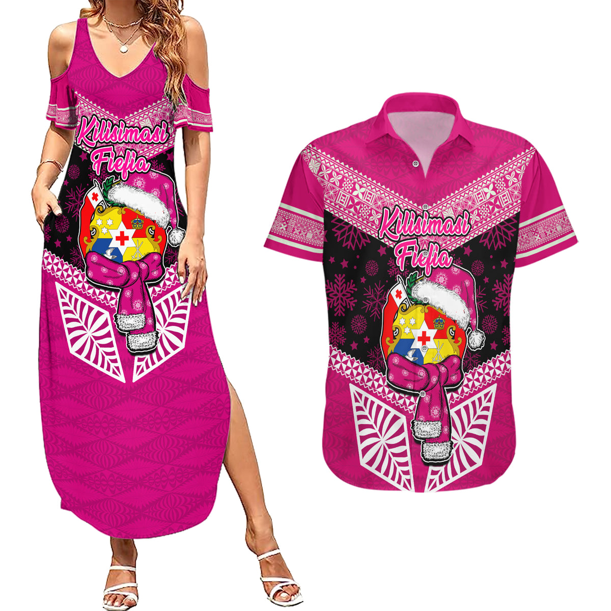 Tonga Christmas Couples Matching Summer Maxi Dress and Hawaiian Shirt Tongan Coat of Arms Santa With Ngatu Pattern Christmas Pink Style LT03 Pink - Polynesian Pride