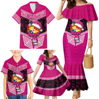 Tonga Christmas Family Matching Mermaid Dress and Hawaiian Shirt Tongan Coat of Arms Santa With Ngatu Pattern Christmas Pink Style LT03 - Polynesian Pride