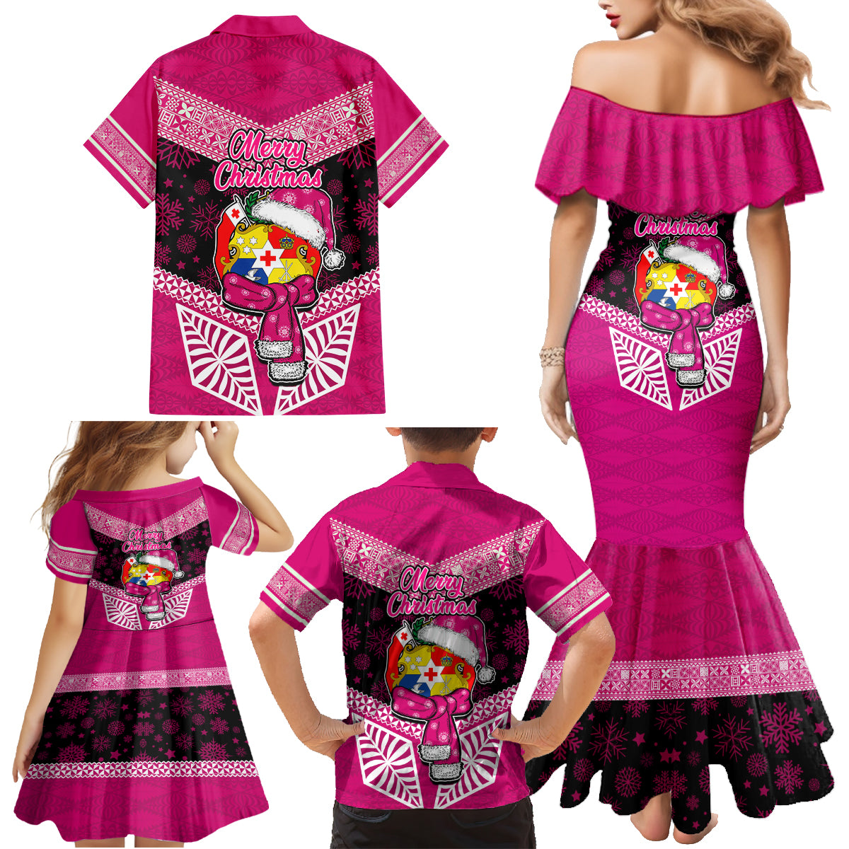 Tonga Christmas Family Matching Mermaid Dress and Hawaiian Shirt Tongan Coat of Arms Santa With Ngatu Pattern Christmas Pink Style LT03 - Polynesian Pride