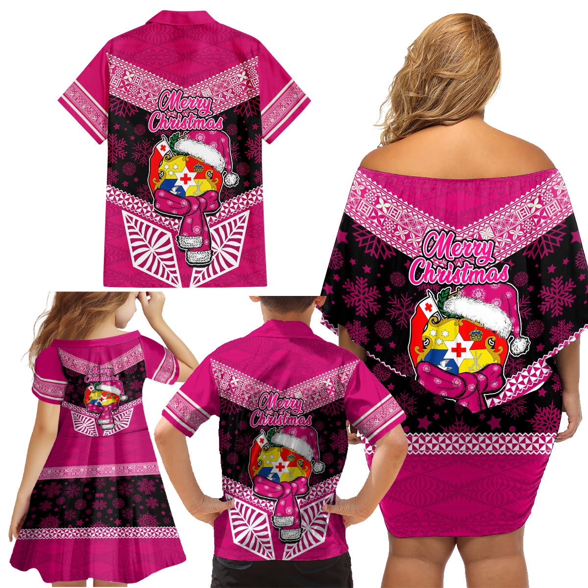Tonga Christmas Family Matching Off Shoulder Short Dress and Hawaiian Shirt Tongan Coat of Arms Santa With Ngatu Pattern Christmas Pink Style LT03 - Polynesian Pride