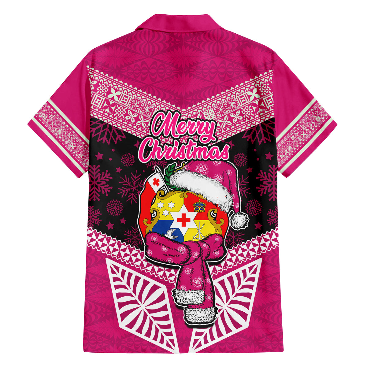 Tonga Christmas Family Matching Off Shoulder Short Dress and Hawaiian Shirt Tongan Coat of Arms Santa With Ngatu Pattern Christmas Pink Style LT03 - Polynesian Pride