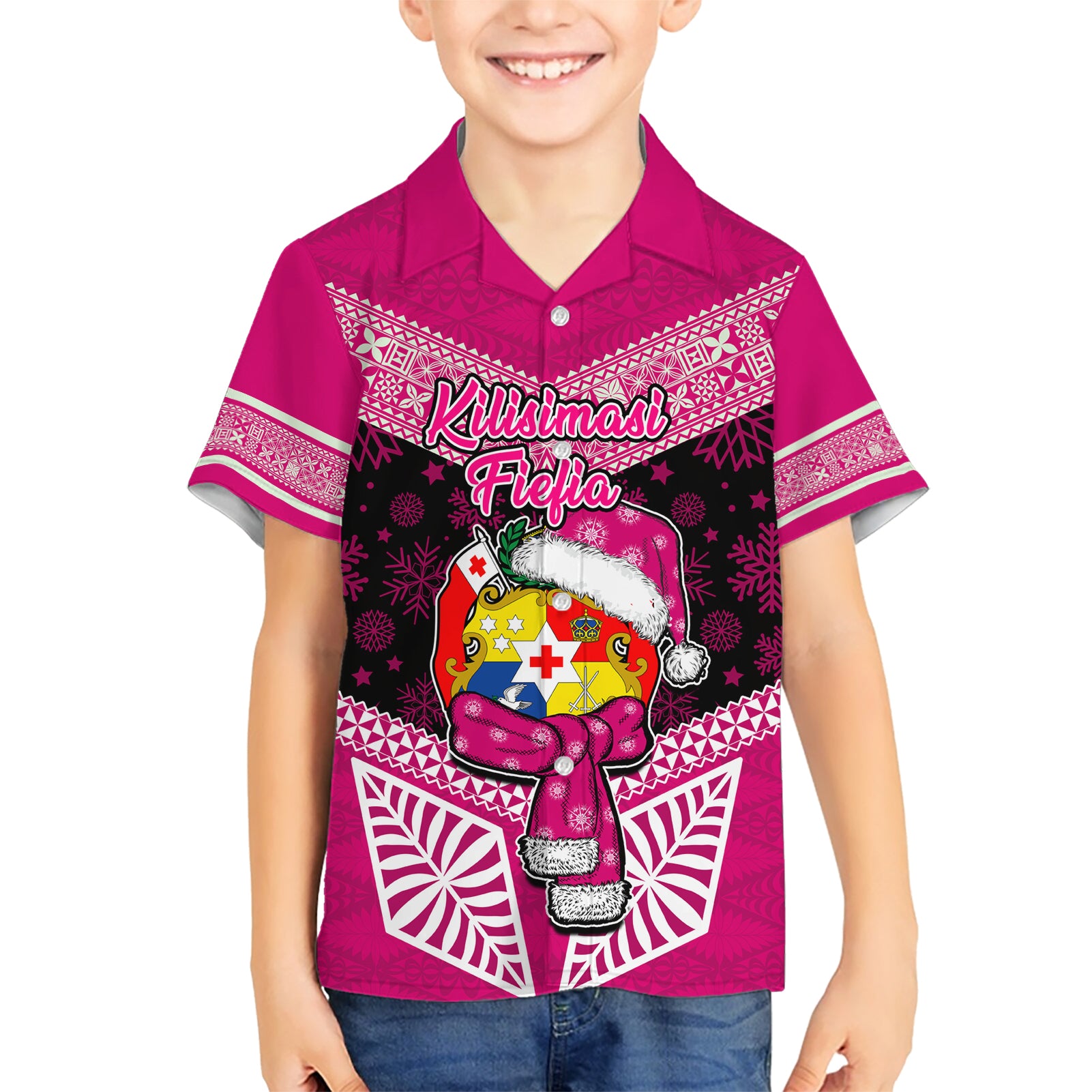 Tonga Christmas Kid Hawaiian Shirt Tongan Coat of Arms Santa With Ngatu Pattern Christmas Pink Style LT03 Kid Pink - Polynesian Pride