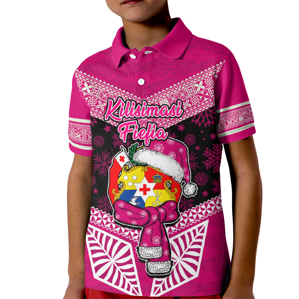 Tonga Christmas Kid Polo Shirt Tongan Coat of Arms Santa With Ngatu Pattern Christmas Pink Style LT03 Kid Pink - Polynesian Pride
