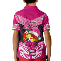 Tonga Christmas Kid Polo Shirt Tongan Coat of Arms Santa With Ngatu Pattern Christmas Pink Style LT03 - Polynesian Pride