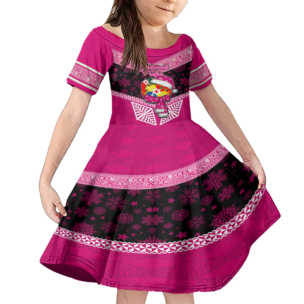Tonga Christmas Kid Short Sleeve Dress Tongan Coat of Arms Santa With Ngatu Pattern Christmas Pink Style LT03 KID Pink - Polynesian Pride