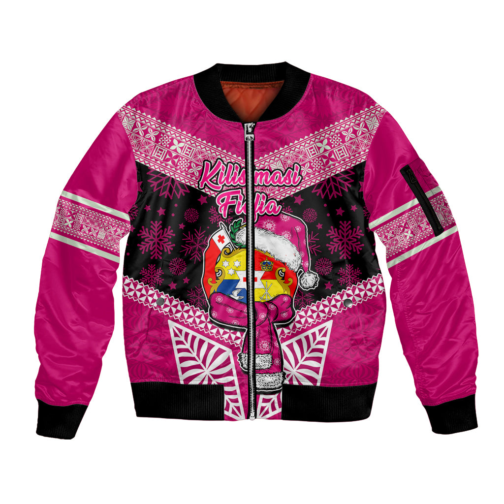 Tonga Christmas Sleeve Zip Bomber Jacket Tongan Coat of Arms Santa With Ngatu Pattern Christmas Pink Style LT03 Unisex Pink - Polynesian Pride