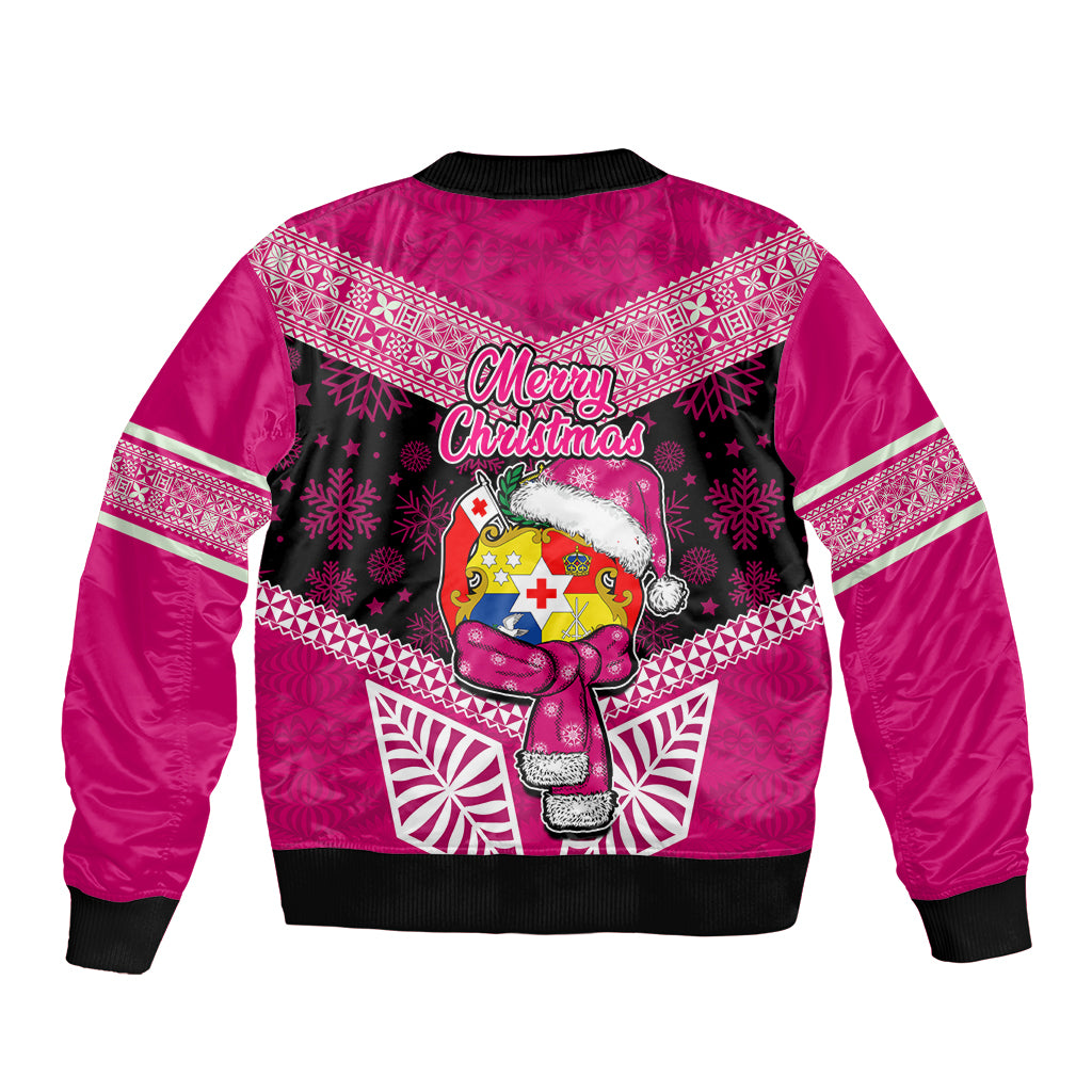Tonga Christmas Sleeve Zip Bomber Jacket Tongan Coat of Arms Santa With Ngatu Pattern Christmas Pink Style LT03 - Polynesian Pride