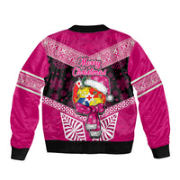 Tonga Christmas Sleeve Zip Bomber Jacket Tongan Coat of Arms Santa With Ngatu Pattern Christmas Pink Style LT03 - Polynesian Pride