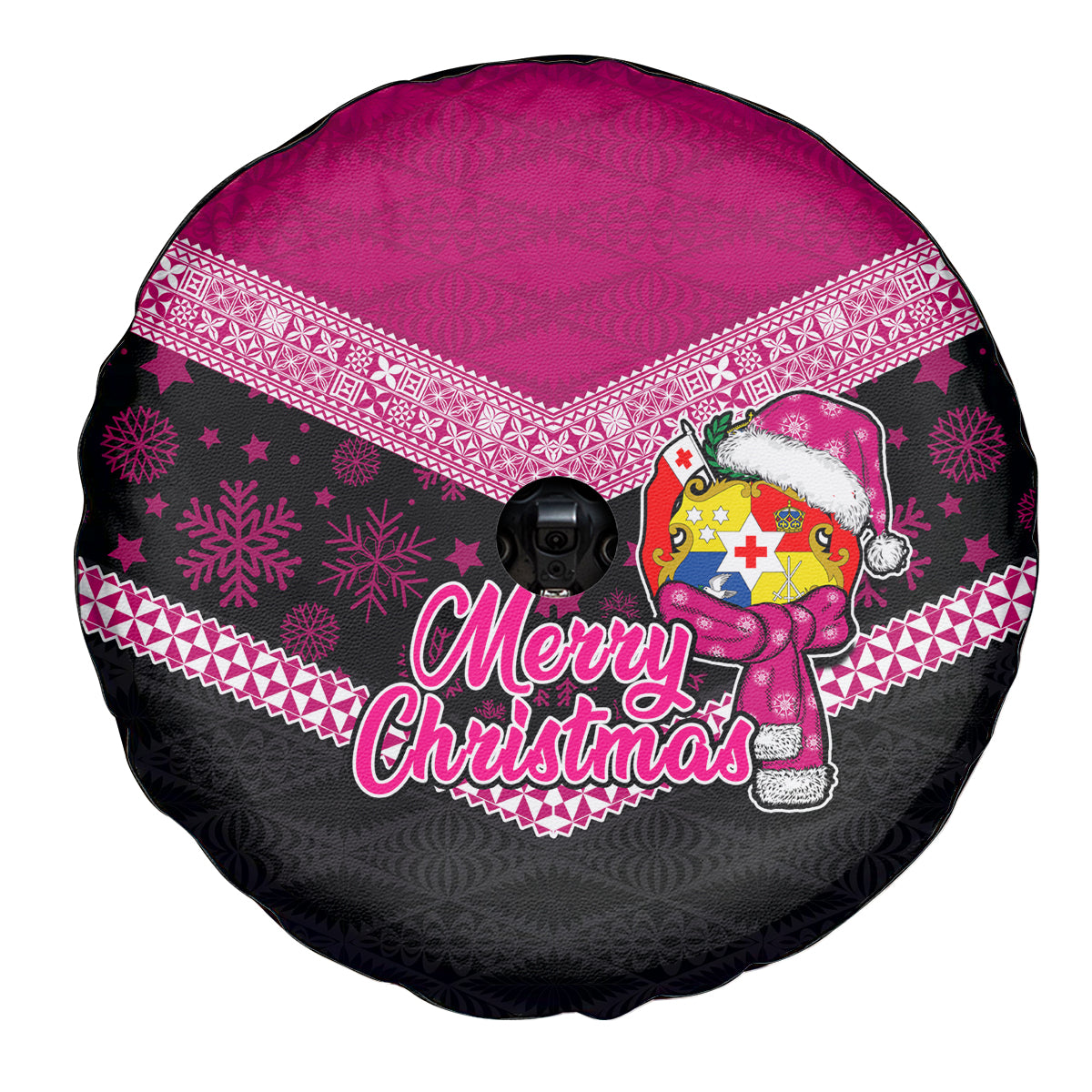 Tonga Christmas Spare Tire Cover Tongan Coat of Arms Santa With Ngatu Pattern Christmas Pink Style LT03 - Polynesian Pride