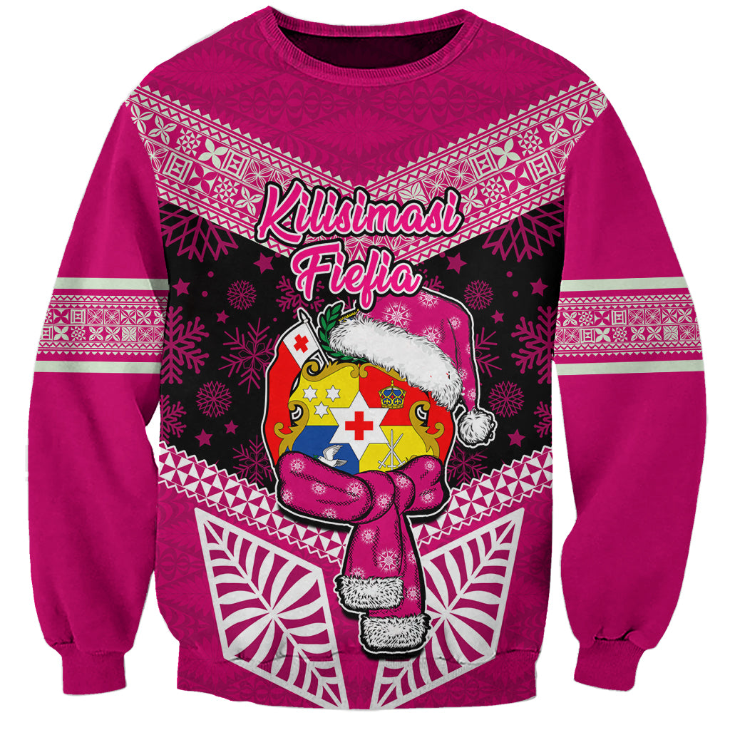 Tonga Christmas Sweatshirt Tongan Coat of Arms Santa With Ngatu Pattern Christmas Pink Style LT03 Unisex Pink - Polynesian Pride
