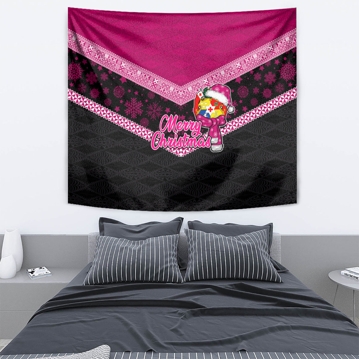 Tonga Christmas Tapestry Tongan Coat of Arms Santa With Ngatu Pattern Christmas Pink Style LT03 - Polynesian Pride
