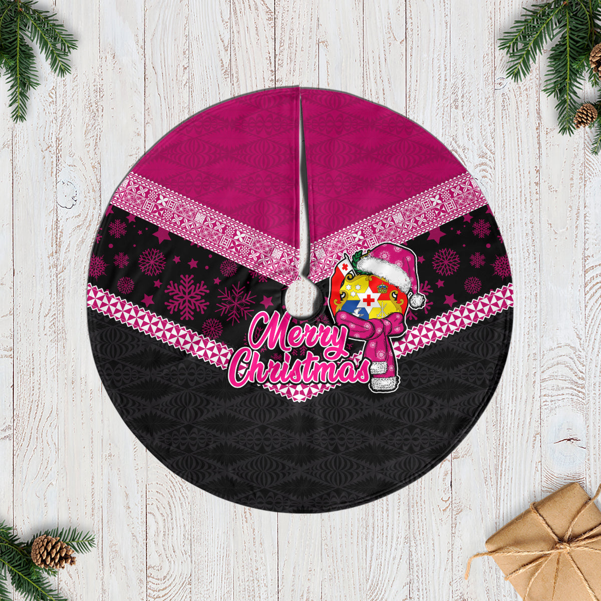 Tonga Christmas Tree Skirt Tonga Coat of Arms with Seamless Tapa Ngatu Pattern Xmas Pink Style LT03 Pink - Polynesian Pride