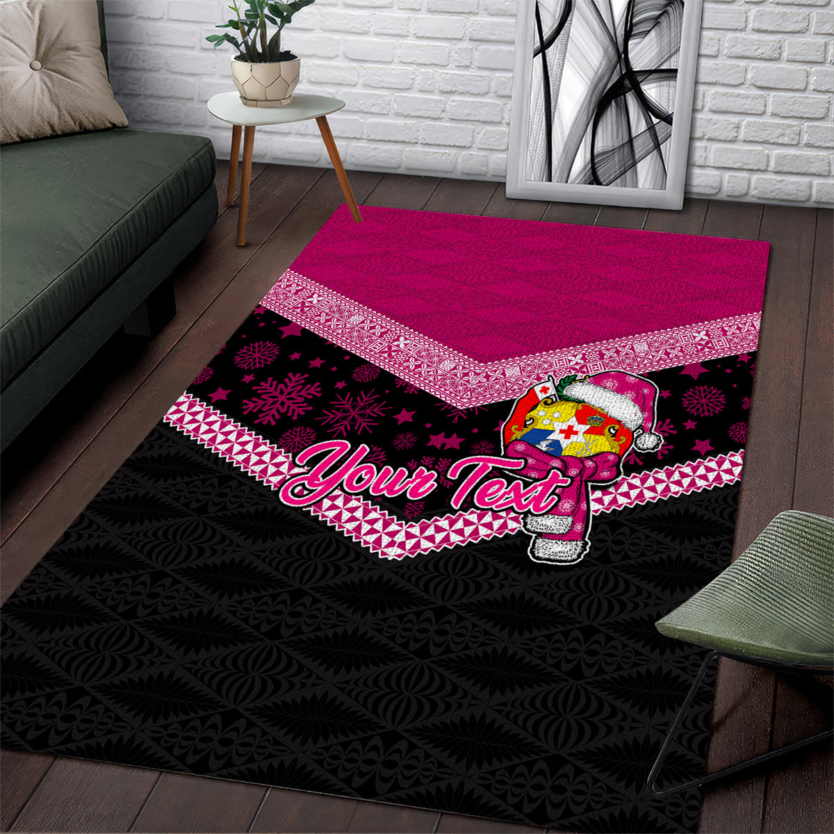 Personalised Tonga Christmas Area Rug Tongan Coat of Arms Santa With Ngatu Pattern Christmas Pink Style LT03 Pink - Polynesian Pride