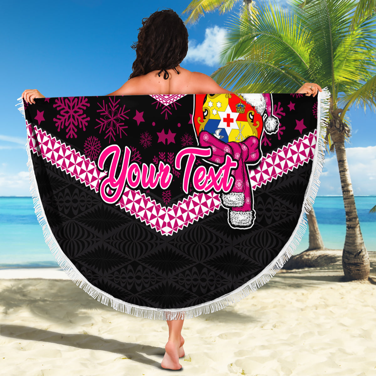 Personalised Tonga Christmas Beach Blanket Tongan Coat of Arms Santa With Ngatu Pattern Christmas Pink Style LT03 - Wonder Print Shop