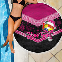 Personalised Tonga Christmas Beach Blanket Tongan Coat of Arms Santa With Ngatu Pattern Christmas Pink Style LT03 - Wonder Print Shop