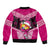 Personalised Tonga Christmas Bomber Jacket Tongan Coat of Arms Santa With Ngatu Pattern Christmas Pink Style LT03 - Polynesian Pride