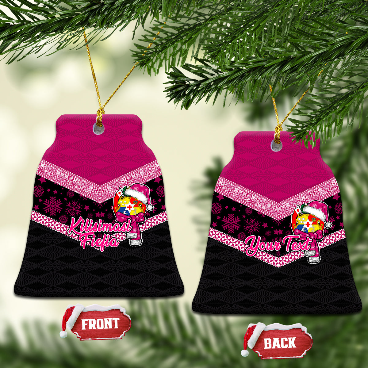 Personalised Tonga Christmas Ceramic Ornament Tonga Coat of Arms with Seamless Tapa Ngatu Pattern Xmas Pink Style LT03 - Polynesian Pride