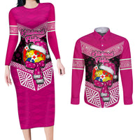 Personalised Tonga Christmas Couples Matching Long Sleeve Bodycon Dress and Long Sleeve Button Shirts Tongan Coat of Arms Santa With Ngatu Pattern Christmas Pink Style LT03 Pink - Polynesian Pride