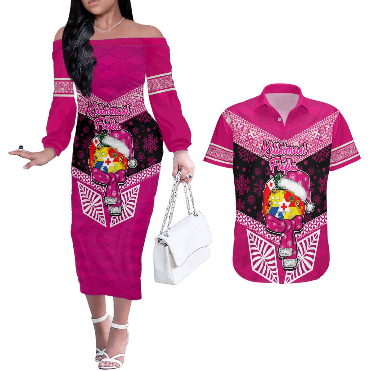 Personalised Tonga Christmas Couples Matching Off The Shoulder Long Sleeve Dress and Hawaiian Shirt Tongan Coat of Arms Santa With Ngatu Pattern Christmas Pink Style LT03 Pink - Polynesian Pride