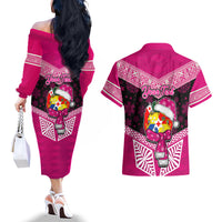 Personalised Tonga Christmas Couples Matching Off The Shoulder Long Sleeve Dress and Hawaiian Shirt Tongan Coat of Arms Santa With Ngatu Pattern Christmas Pink Style LT03 - Polynesian Pride