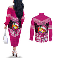 Personalised Tonga Christmas Couples Matching Off The Shoulder Long Sleeve Dress and Long Sleeve Button Shirts Tongan Coat of Arms Santa With Ngatu Pattern Christmas Pink Style LT03 - Polynesian Pride