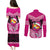 Personalised Tonga Christmas Couples Matching Puletasi Dress and Long Sleeve Button Shirts Tongan Coat of Arms Santa With Ngatu Pattern Christmas Pink Style LT03 - Polynesian Pride