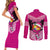 Personalised Tonga Christmas Couples Matching Short Sleeve Bodycon Dress and Long Sleeve Button Shirts Tongan Coat of Arms Santa With Ngatu Pattern Christmas Pink Style LT03 - Polynesian Pride