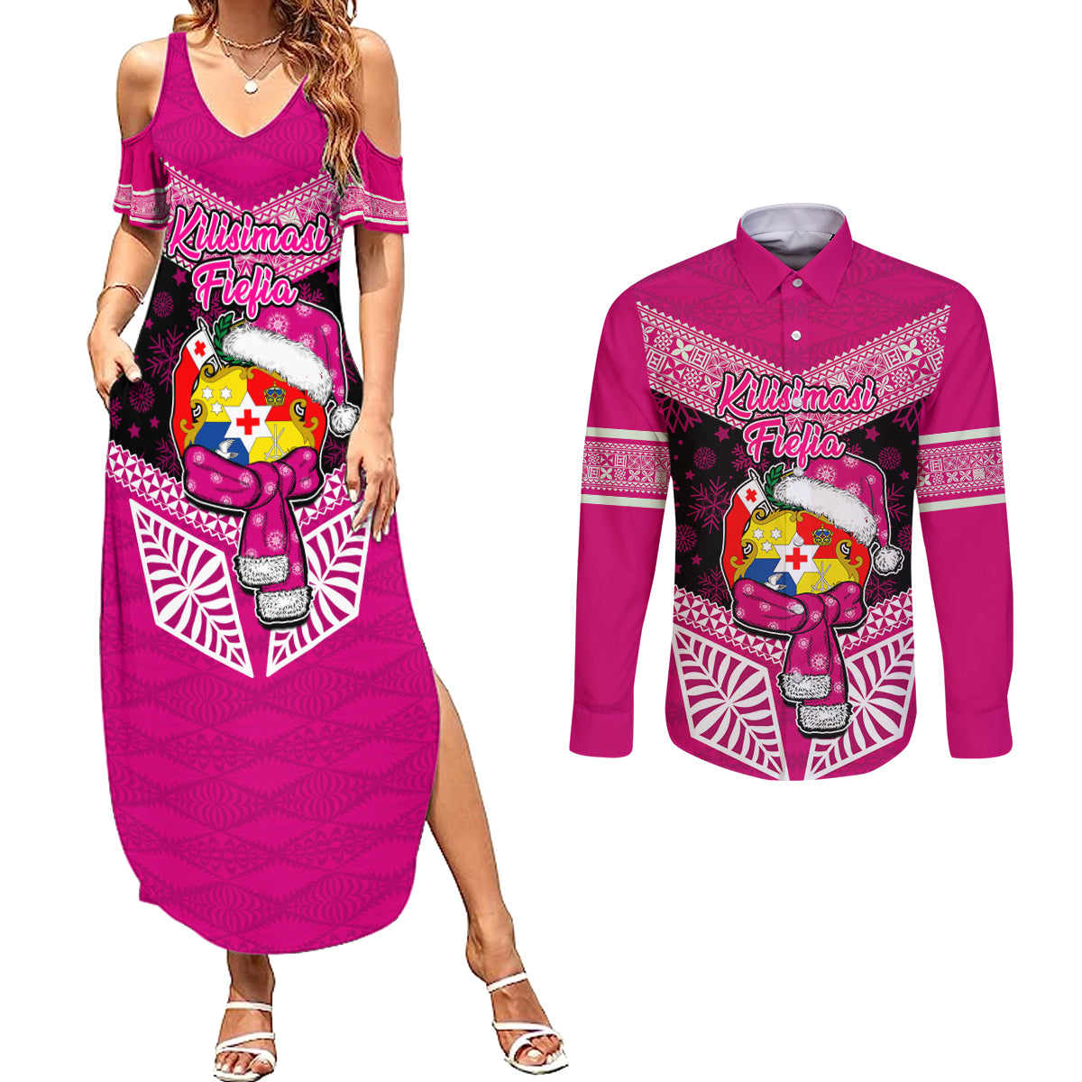 Personalised Tonga Christmas Couples Matching Summer Maxi Dress and Long Sleeve Button Shirts Tongan Coat of Arms Santa With Ngatu Pattern Christmas Pink Style LT03 Pink - Polynesian Pride