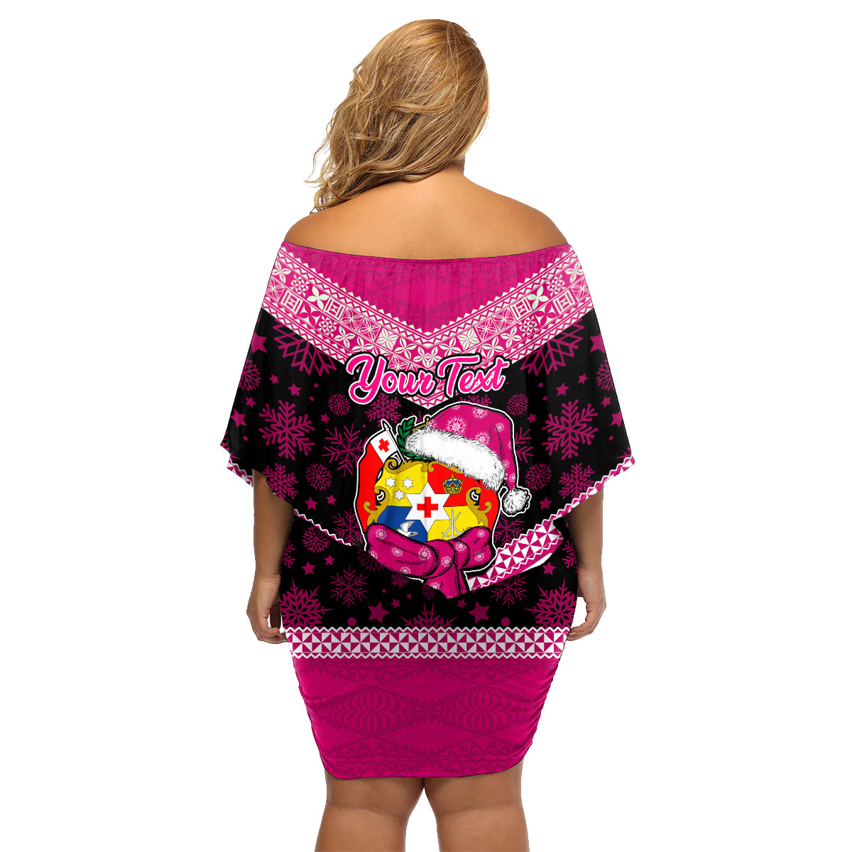 Personalised Tonga Christmas Family Matching Off Shoulder Short Dress and Hawaiian Shirt Tongan Coat of Arms Santa With Ngatu Pattern Christmas Pink Style LT03 - Polynesian Pride