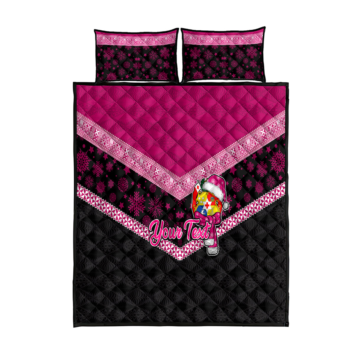 Personalised Tonga Christmas Quilt Bed Set Tongan Coat of Arms Santa With Ngatu Pattern Christmas Pink Style LT03 Pink - Polynesian Pride